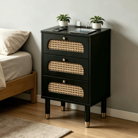 3-Drawer Nightstand with Woven Rattan Fronts and Built-in Power Outlet 15.75"*13.78"*23.82" Black