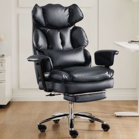 Executive Home Office Desk Chair Ergonomic High Back with Footrest & Lumbar Support, Reclining Height Adjustable PU Leather with Swivel Wheels (Color: Black)